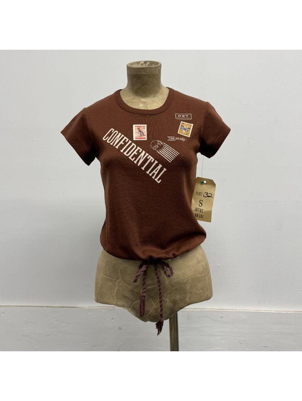 Vintage 1970s Brown Mail Postage "Confidential" Tie-Hem Graphic Baby Tee